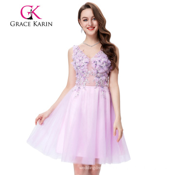 Grace Karin Ärmelloses V-Ausschnitt Tüll Netting Pink Kurzes Prom Dress GK001008-1